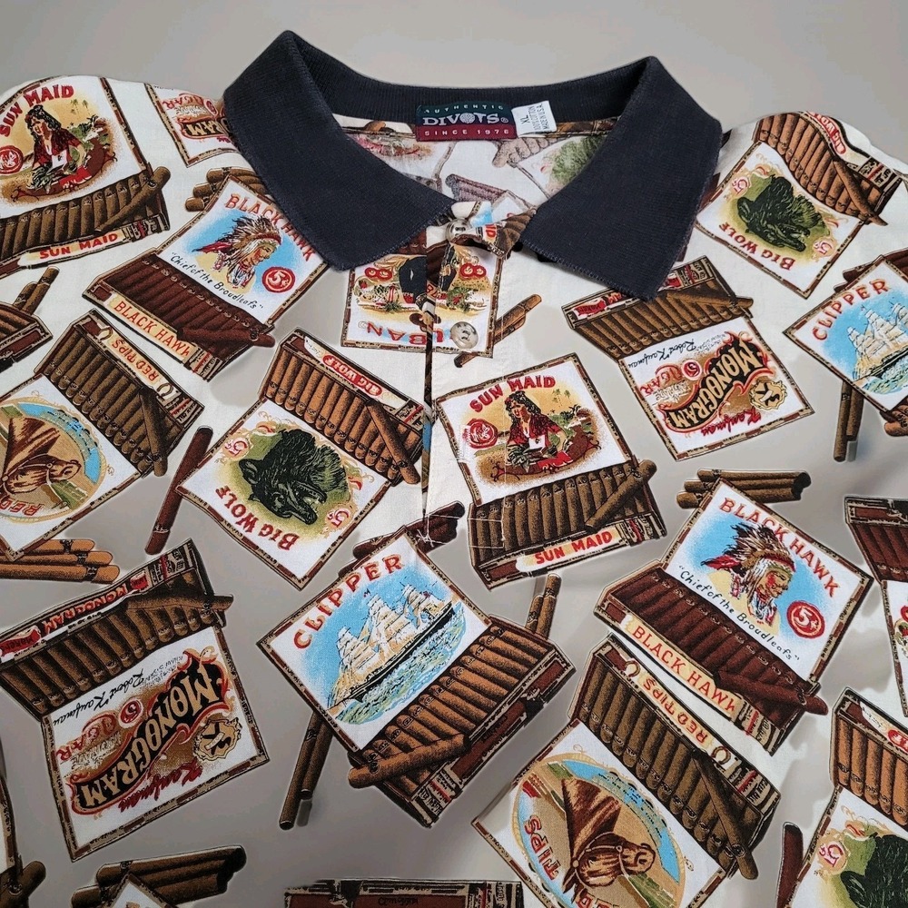 VTG 90's Divots AOP Cuban Cigar Boxes Polo Shirt Mens XL Made USA All Over Print
